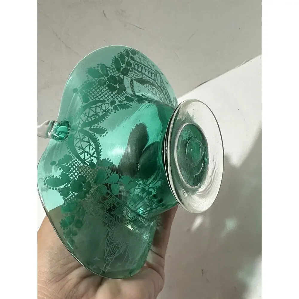 Vintage Murano Moser Etched Scenery Green Blown‎ Art Glass Basket Clear Handle